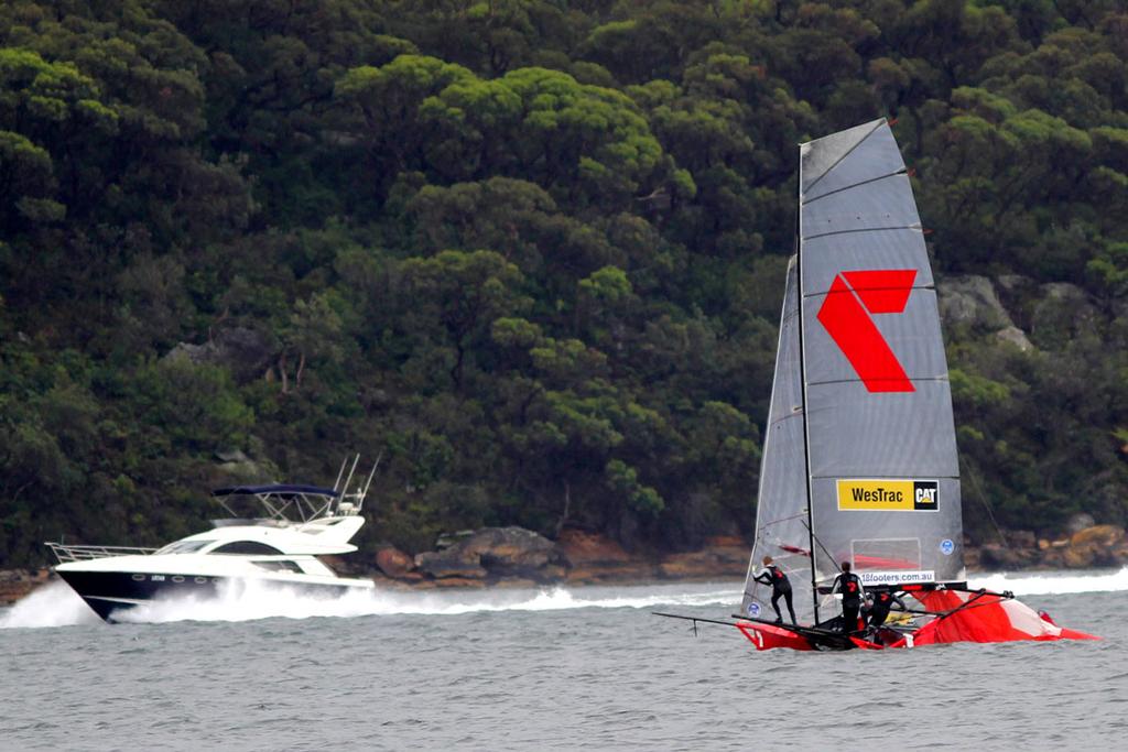Spinnaker overboard and trouble for 7 - 18ft Skiffs  NSW Championship, Race one  Sunday, 11 January 2015  Sydney Harbour. © Australian 18 Footers League http://www.18footers.com.au